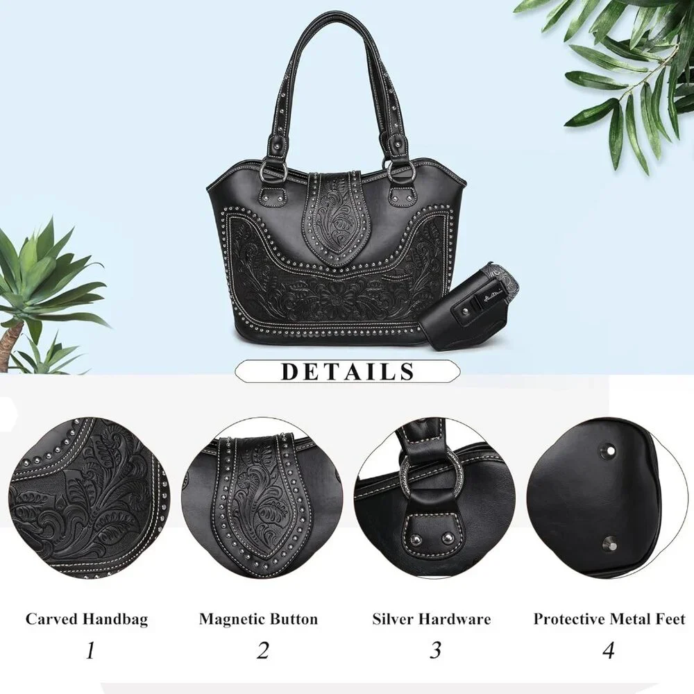 New Women's Vegan Leather Western Tote Bag Tooled Shoulder & Top Handle Handbag - Picture 9 of 10